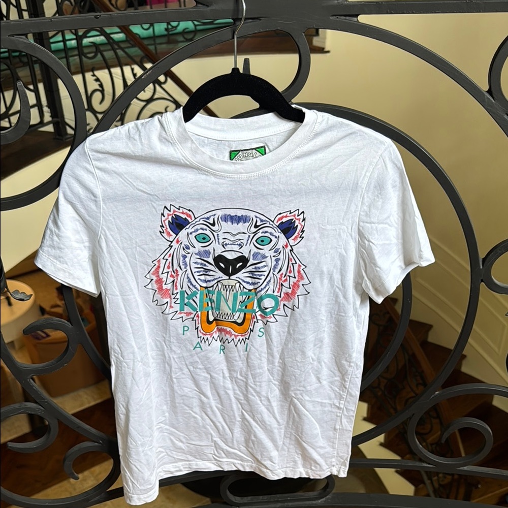Kenzo White Short Sleeve Tee with Tiger Graphic